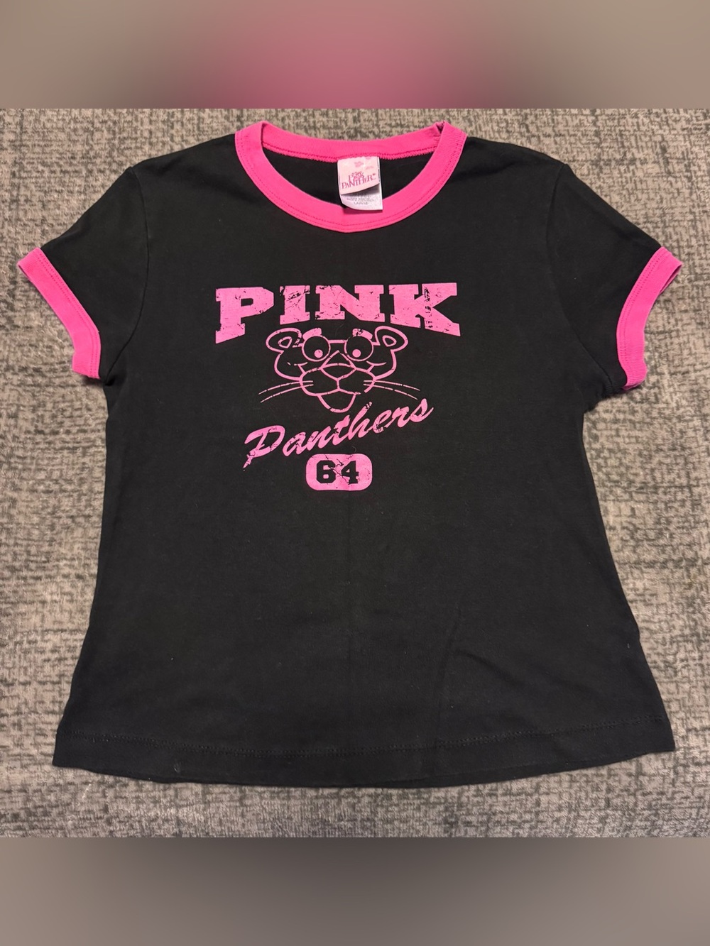 Vintage 2003 Pink Panther “Panthers 64” Ringer Baby Tee — Jerry Leigh — Size Lg